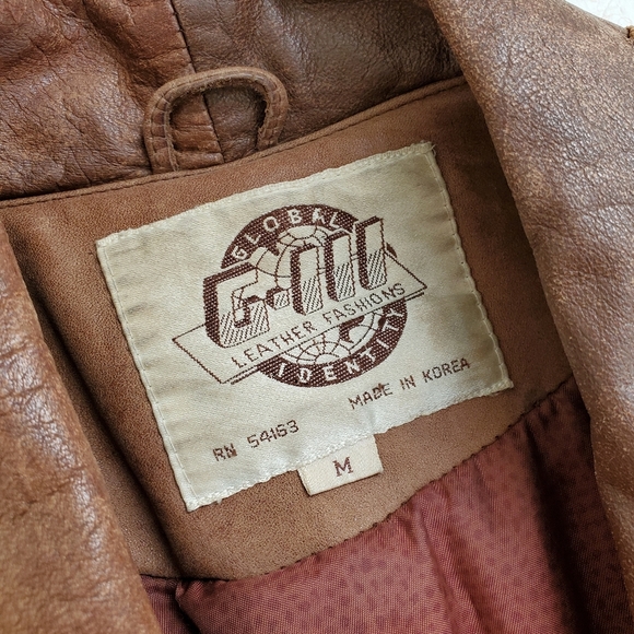 90s Vintage Patchwork Brown Leather Bomber Jacket with Grandpa Collar - Picture 5 of 9